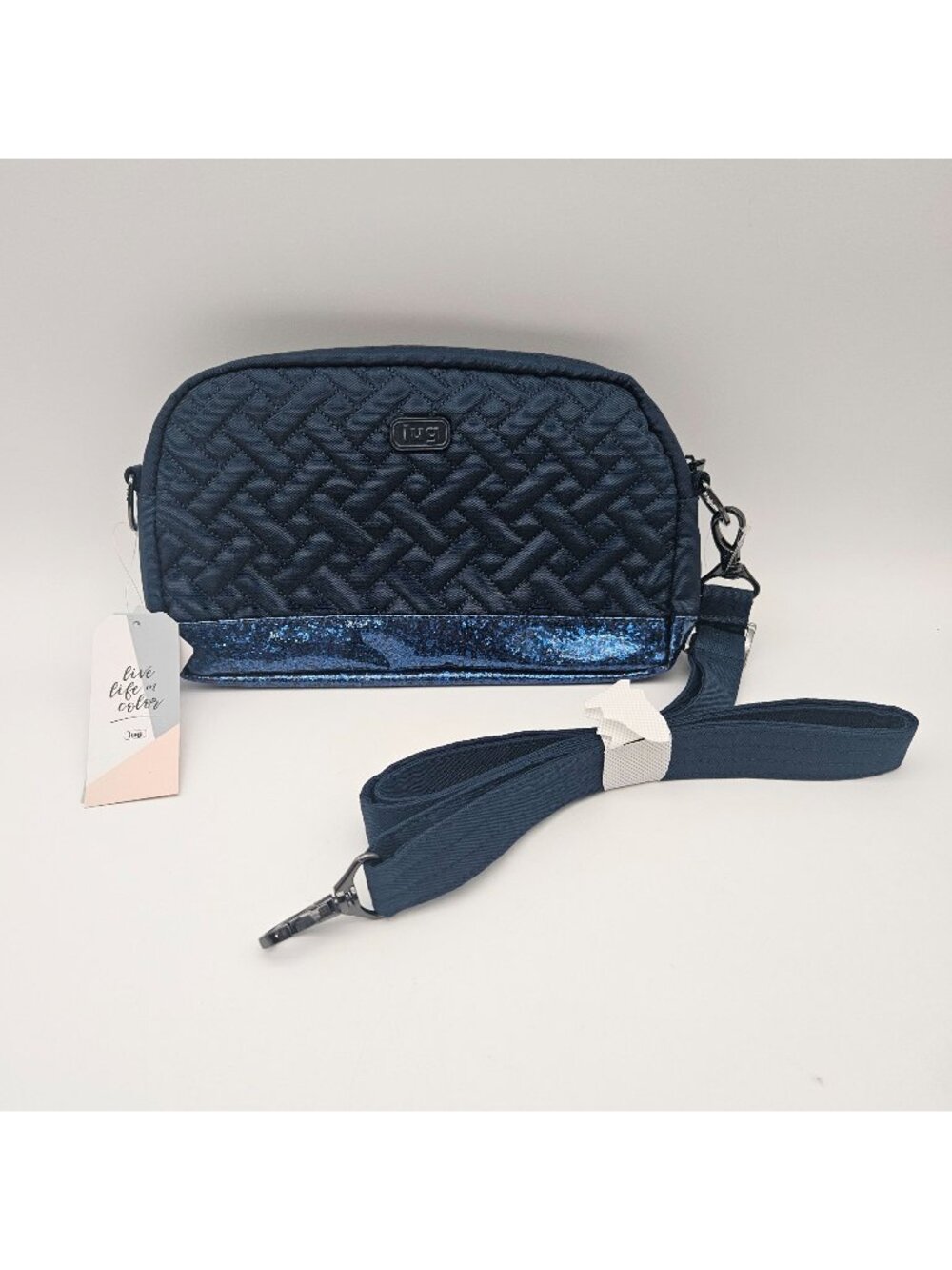 LUG Punter Small Crossbody RFID Handbag Navy Blue Quilted Glitter Bottom NWT
